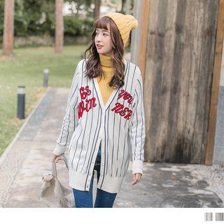 Letter Embroidered Striped Cardigan