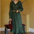 Long-sleeve Double-breasted Velvet Midi A-line Dress