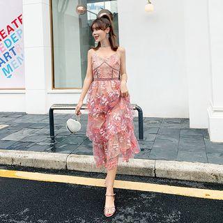 Spaghetti Strap Floral Embroidered Mesh Midi Dress