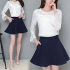 Set: Long Sleeve Lace Top + Plain A-line Skirt