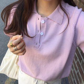 Short-sleeve Cropped Knit Polo Shirt Light Purple - One Size