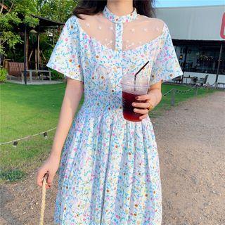 Short-sleeve Floral Print Paneled Midi Shirtdress Dress - White - One Size