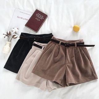 Plain High-waist Velvet A-line Shorts With Belt