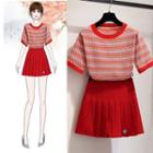 Set: Short-sleeve Striped Knit Top + Mini Pleated Skirt