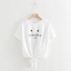Short-sleeve Cat Printed Front Knot T-shirt