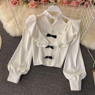 Cutout Ruffled Puff Sleeve Blouse