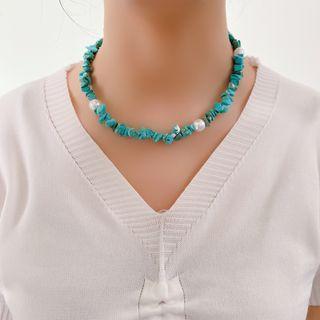 Faux Pearl Faux Gemstone Choker 1 Pc - Blue - One Size