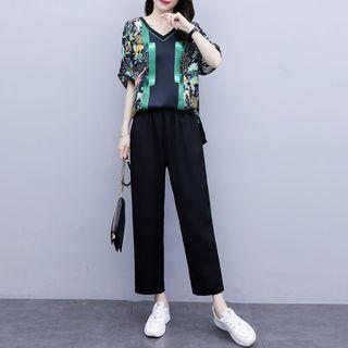 Set: V-neck Print Top + Tapered Pants