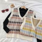 Color-block Argyle V-neck Knit Vest