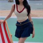 Contrast Trim Cropped Top / High-waist Pleated Denim Skirt