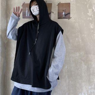 Mock Two Piece Color Block Hoodie Black & Gray - One Size