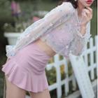 Set: Halter Bikini Top + Swim Skirt + Cover-up Top