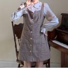 Mock Two-piece Plaid Panel Long-sleeve Mini A-line Dress As Shown In Figure - One Size