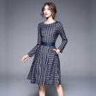 Long Sleeve Round Neck Striped A-line Dress