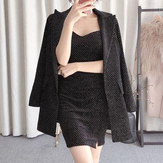 Set: V-neck Spaghetti Strap Bodycon Dress + Striped Blazer