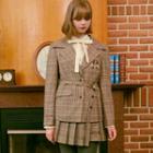 Sailor-collar Plaid Jacket With Belt Brown - One Size