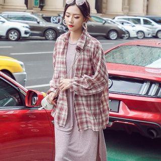 Plaid Shirt / Sleeveless Midi Dress