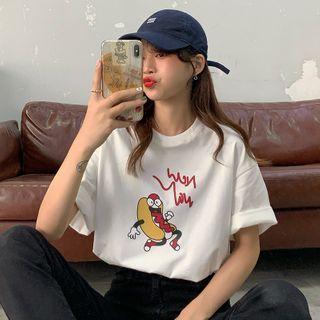 Hot Dog Print Elbow-sleeve T-shirt