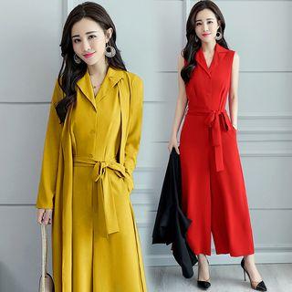 Set: Sleeveless Lapel Collar Jumpsuit + Long Cardigan