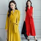 Set: Sleeveless Lapel Collar Jumpsuit + Long Cardigan