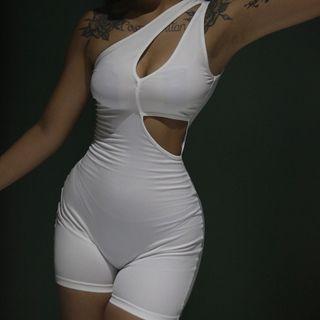 Sleeveless One-shoulder Cutout Fitted Romper