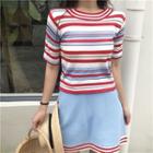Set: Striped Short Sleeve T-shirt + Denim A-line Skirt