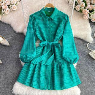 Puff Sleeve Check Ruffle A-line Shirt Dress