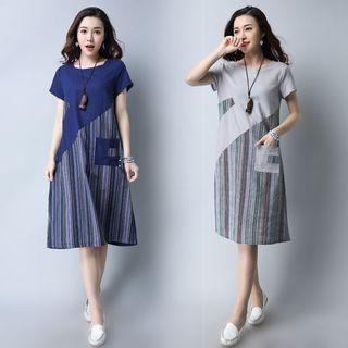 Stripe Panel Short-sleeve Midi A-line Dress