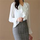 Tall Size V-neck Ruffle-trim Blouse