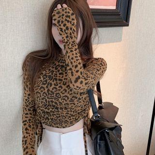 Long-sleeve Leopard Print Drawcord Crop Top