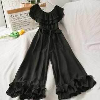 Boatneck Ruffled Wide-leg Playsuit With Sash Black - One Size