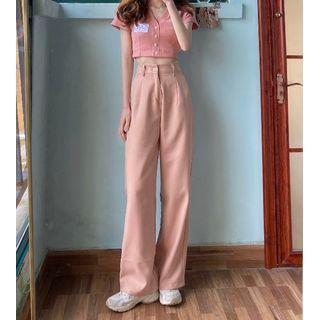 Short-sleeve Cropped Cardigan / Plain Pants