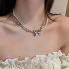 Bow Pendant Faux Pearl Layered Stainless Steel Choker Silver - One Size
