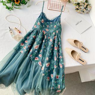 Spaghetti Strap Floral Mesh Paneled A-line Midi Dress