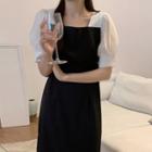 Short-sleeve Mesh Panel Midi Dress Black - One Size