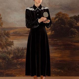 Long-sleeve Lace Trim Button-up Velvet Midi Dress