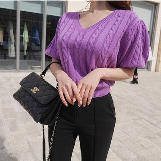 Puff-sleeve Cable-knit Top