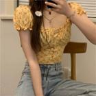 Square Neck Floral Short-sleeve Top Yellow - One Size