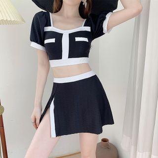 Set: Short-sleeve Two Tone Swim Top + Skirt