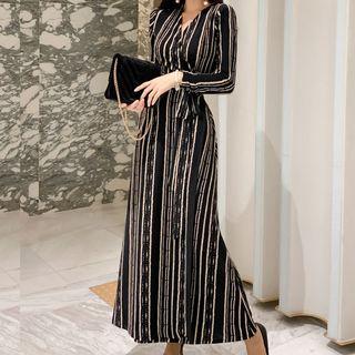 Long-sleeve Maxi Striped A-line Dress