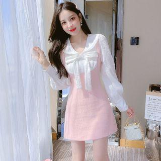 Mock Two-piece Long-sleeve Sailor Collar Bow Mini A-line Dress