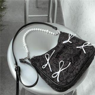 Faux Pearl Ribbon Shoulder Bag Black - One Size