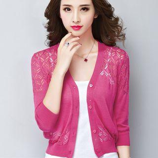 V-neck 3/4-sleeve Crochet Knit Cardigan