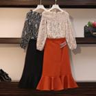 Set: Off-shouldered Long-sleeve Top + Midi Straight-fit Skirt