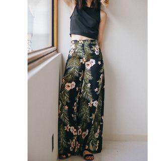Sleeveless Top / Floral-print Wide-leg Pants