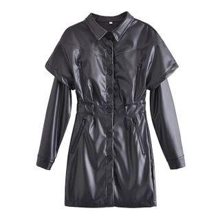 Long-sleeve Button-up Faux Leather Mini Sheath Dress