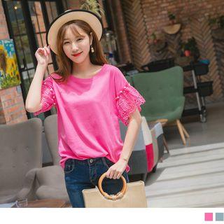 Lace Panel Beaded Short Sleeve Top