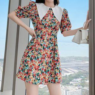 Short-sleeve Collar Floral Mini A-linne Dress