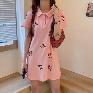 Cherry Embroidered Short-sleeve Mini A-line Polo Dress