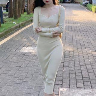 Long-sleeve Square-neck Knit Midi Bodycon Dress